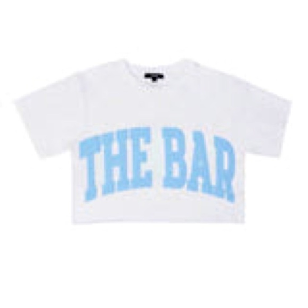 The-Bar by Bridget “fiancé collection” varsity cotton crop tee white/Baby Blue